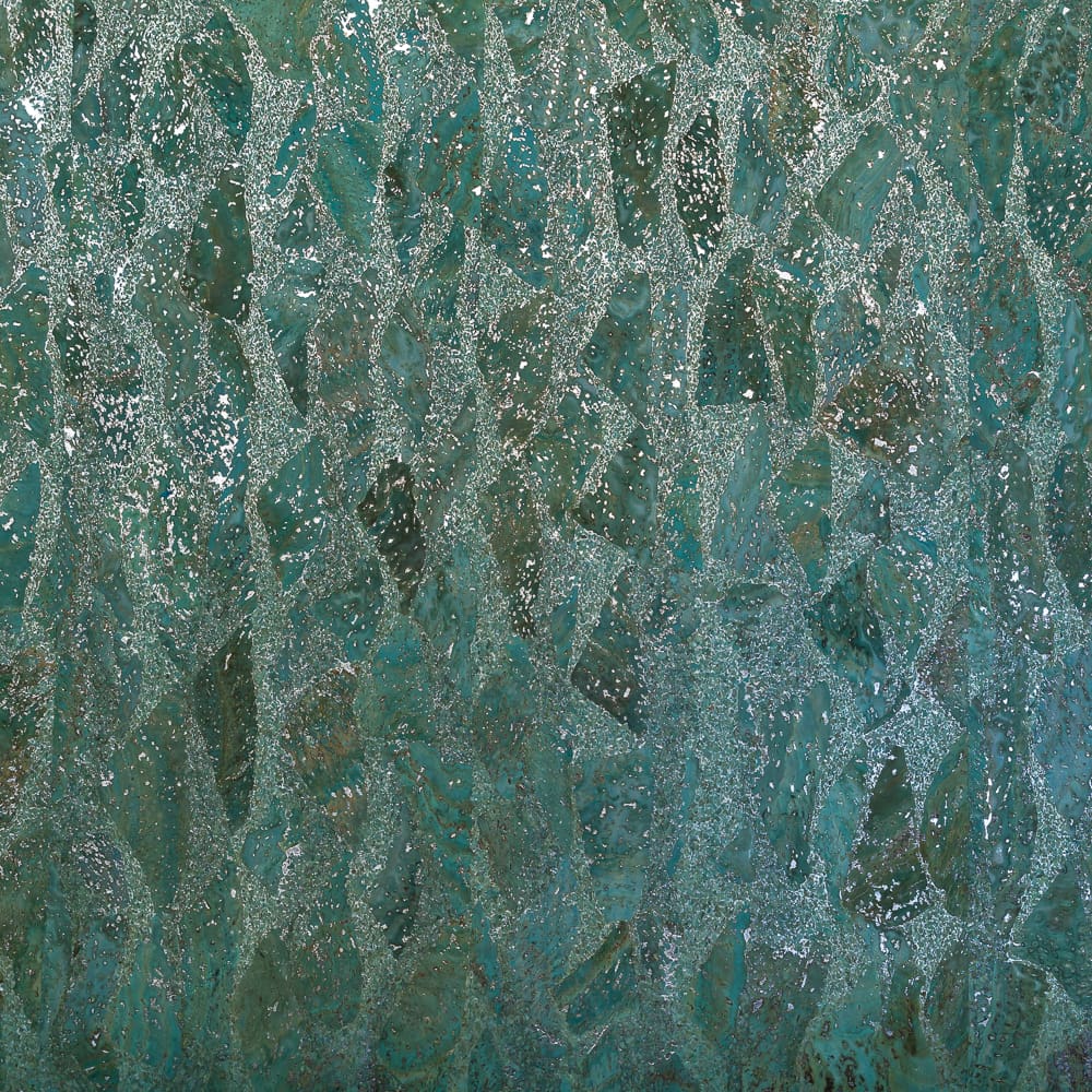Fabric Funhouse Cork Fabric in Mermaid Waves with Silver, a part of our Metallic Collection which features metallic silver fleck on a bed of blue and green Teal
